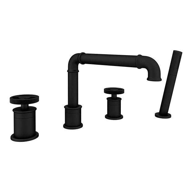 Arezzo Matt Black 4TH Industrial Style Deck Mounted Bath Shower Mixer Inc. Pull Out Handset - Image 4
