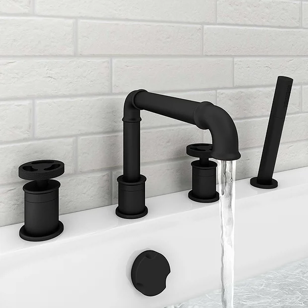 Arezzo Matt Black 4TH Industrial Style Deck Mounted Bath Shower Mixer Inc. Pull Out Handset - Image 2