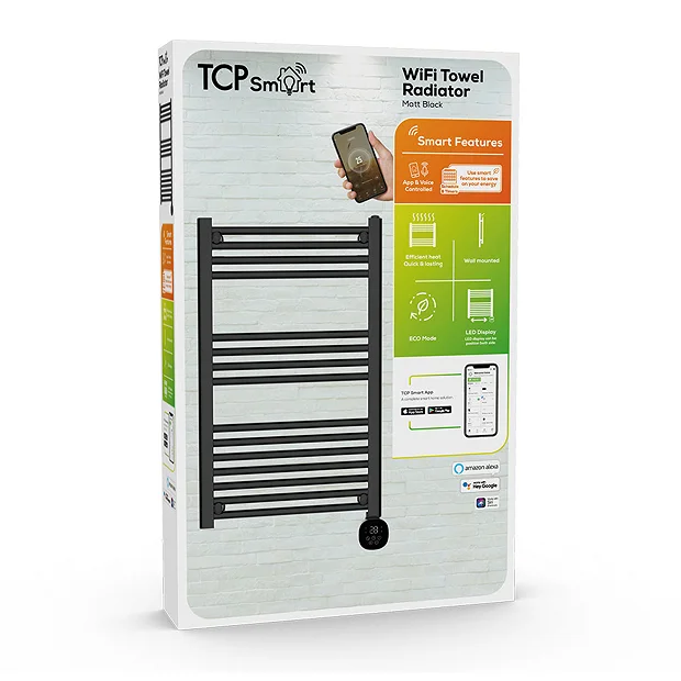 TCP Smart 500W Black 800 X 500mm Wi-Fi Energy Saving Electric Only Towel Radiator